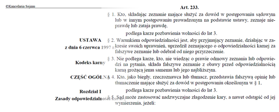 Kodeks karny Art. 233 - składanie fałszywych zeznań