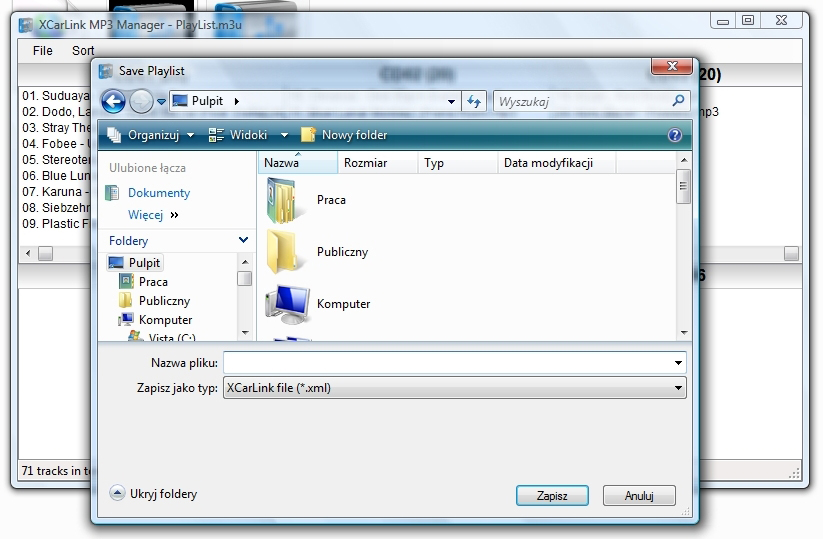 XCarLink MP3 Manager - zapis do formatu .xml (XCarLink file)