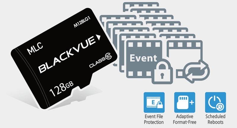 Kamera samochodowa BlackVue DR750S obsługuje karty pamięci do 128 GB i pozwala zabezpieczyć do 50 plików zapisanych w trybie "event" kamera samochodowa BlackVue DR750S obsługuje karty do 128 GB