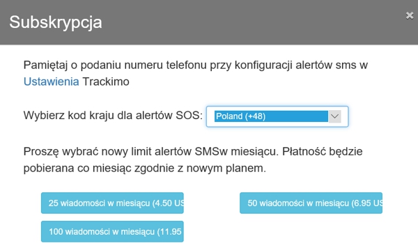 Monitoring GPS na SMS Pakiety SMS do monitoringu GPS Trackimo