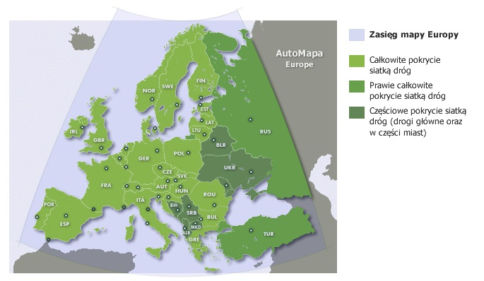 mapa zasięgu AutoMapy EU grafika z pokryciem Automapy Europa