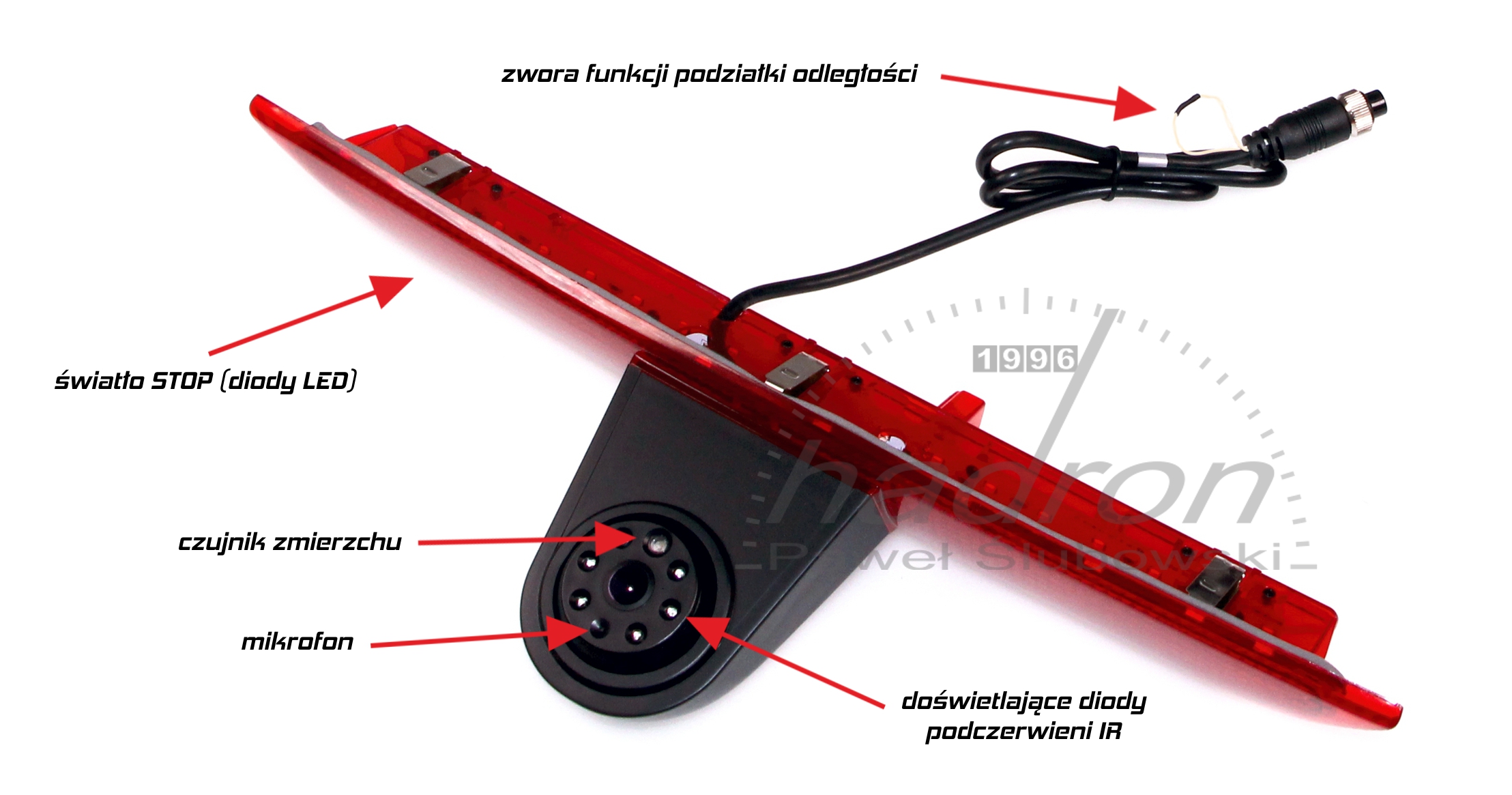 kamera cofania z diodami IR, czujnikiem zmierzchu, mikrofonem,zworą podziałki odległości kamera cofania Driveen do Forda Transita 8 generacji. Ruchoma głowica, diody IR, czujnik zmierzchu.