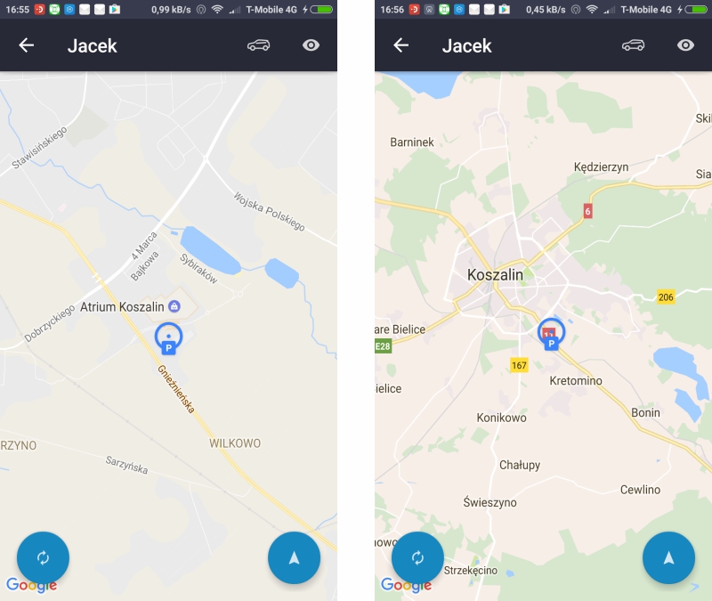 Lokalizator pojazdów Car Assistant DS1 Wygląd map w aplikacji do alarmu DS1