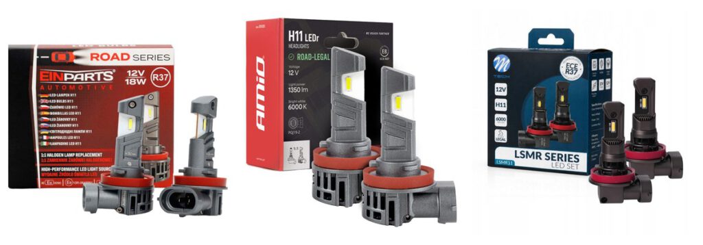 Opakowania żarówek LED H11 z homologacją R37: EinParts ROAD SERIES, AMIO H11 LEDr i M-Tech LSMR SERIES
